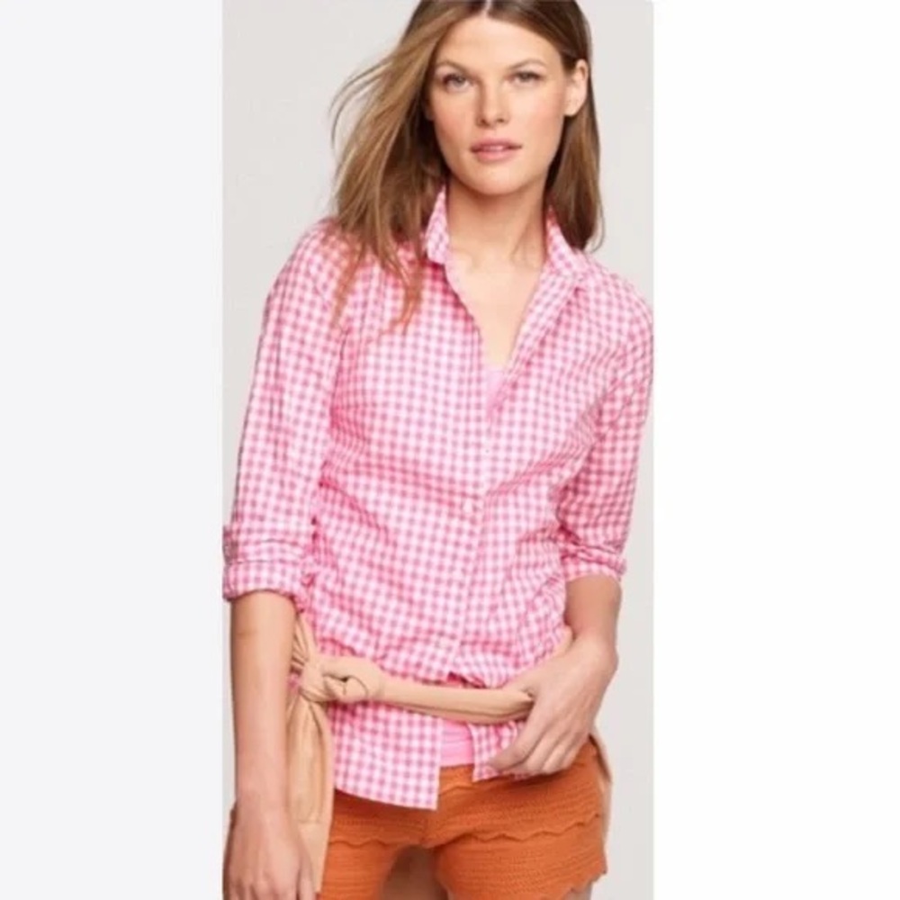 J Crew neon pink The Perfect Shirt pink and white gingham SZ 6